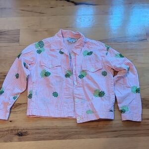 Pink Gingham Jacket with Green Floral Embroidery